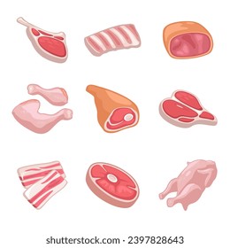 Establecer productos de carne. Salchicha de tocino, salchichas, costillas, bistec de diferentes tipos, carne de caza, partes de pollo crudo fresco. Ilustración vectorial de color vectorial. Icono aislado en blanco para el menú web