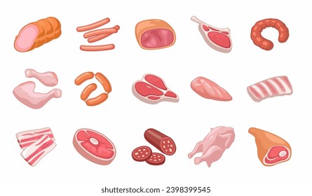 Set meat products. Bacon slice, sausage, ribs,  different types steak, haunch, parts fresh raw chicken. Vector color vector illustration. Icon isolated on white for web menu