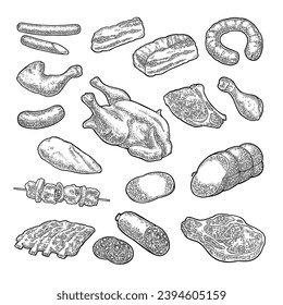 Set meat products. Brisket,  sausage, steak, chicken leg, ribs  wing,  carcass and breast halves. Vintage black vector engraving illustration. Isolated on white background