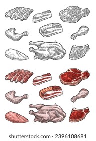 Set meat products. Brisket, sausage, steak, chicken leg, ribs  wing,  and breast halves. Vintage color and black vector engraving illustration. Isolated on white background.