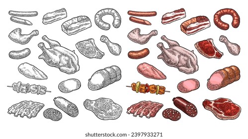 Set meat products. Brisket,  sausage, steak, chicken leg, ribs  wing,  carcass and breast halves. Vintage color and black vector engraving illustration. Isolated on white background