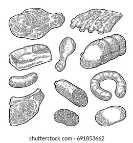 Set meat products. Brisket, sausage, steak, chicken leg, ribs. Vintage black vector engraving illustration. Isolated on white background.