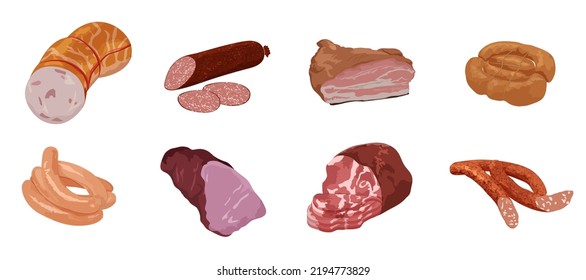 Set of meat products in cartoon style. Sausages, salami, ham, salmon, smoked pork tenderloin, barbecue sausages. Gourmet products.Vector isolated illustration.