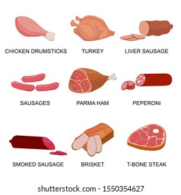 Set of meat products. Chicken drumstick and turkey, liver sausage, peperoni and parma ham, brisket and t-bone steak. Vector illustration.