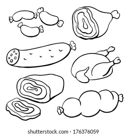 Set Meat Products And Chicken On A White Background. Sausages, Meat, Beef, Pork, Ham, Wurst, Turkey, Smoked  Sausage. Doodle, Cartoon Drawing Illustration  - Vector 