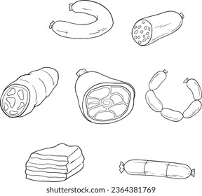 Set Fleischprodukte und Huhn auf weißem Hintergrund. Wurst, Fleisch, Rind, Schwein, Schinken, Wurst, Puten, geräucherte Würste. Doodle, Zeichentrickgrafik - Vektorgrafik - Schwarzer Linien