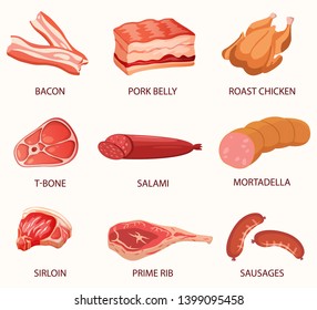  set of meat products with a colorful vector pattern. Fresh food design elements: bacon, pork belly, roast chicken, t-bone, salami, mortadella, sirloin, prime rib, sausages