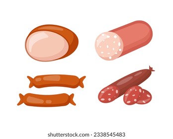 Set of meat products concept. Salami and sausages. Food for barbecue, bbq. Natural and organic fresh eating. Template and mock up. Cartoon flat vector collection isolated on white background