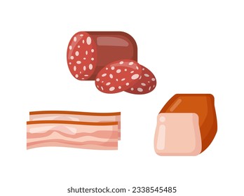 Set of meat products concept. Salami, ham and bacon. Natural and organic fresh products. Food with vitamins and proteins. Cartoon flat vector collection isolated on white background