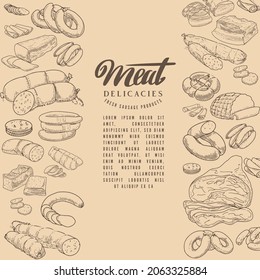 Set of meat products and meat delicacies. Sausages, ham, bacon, lard, salami in sketch style.
