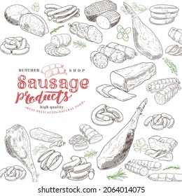 Set of meat products and meat delicacies. Sausages, ham, bacon, lard, salami in sketch style.