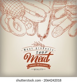 Set of meat products and meat delicacies. Sausages, ham, bacon, lard, salami in sketch style.