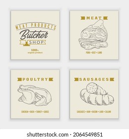 Set of meat products and meat delicacies. Sausages, ham, bacon, lard, salami in sketch style.