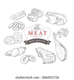 Set of meat products and meat delicacies. Sausages, ham, bacon, lard, salami in sketch style.