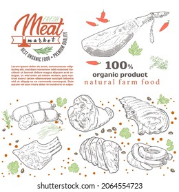 Set of meat products and meat delicacies. Sausages, ham, bacon, lard, salami in sketch style.