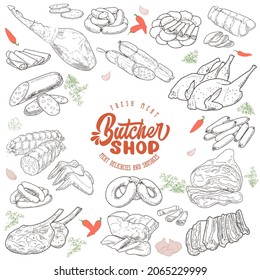 Set of meat products and meat delicacies. Sausages, ham, bacon, lard, salami in sketch style.
