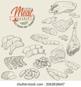 Set of meat products and meat delicacies. Sausages, ham, bacon, lard, salami in sketch style.