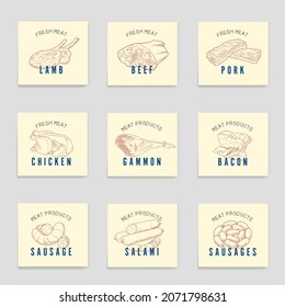 Set of meat products and meat delicacies. Sausages, ham, bacon, lard, salami in sketch style.