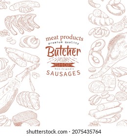 Set of meat products and meat delicacies. Sausages, ham, bacon, lard, salami in sketch style.