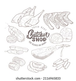 Set of meat products and meat delicacies. Sausages, ham, bacon, lard, salami in sketch style.