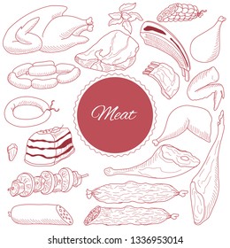 set of meat and meat products of different breeds of livestock and birds. Doodle. Vector