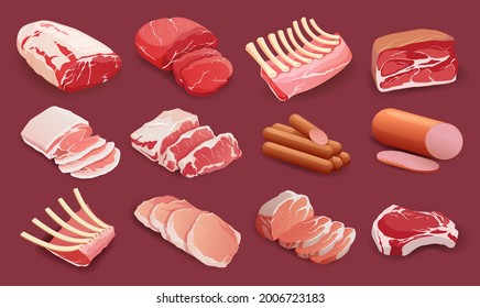 Set of meat products in flat style, cooking, delicacies.