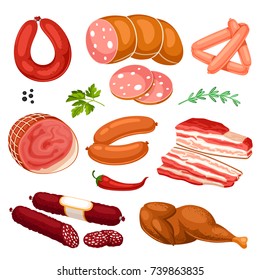 Set of meat products. Illustration of sausages, bacon and ham.