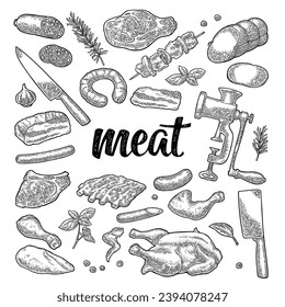 Set meat products and kitchen equipment. Brisket, sausage, meat grinder, steak, chicken leg, knife, ribs, basil, thyme. Vintage black vector engraving illustration. Isolated on white background.