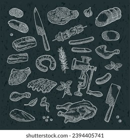 Set meat products and kitchen equipment. Brisket, sausage, meat grinder, steak, chicken leg, knife, ribs, basil, thyme. Vintage white vector engraving illustration. Isolated on dark background.