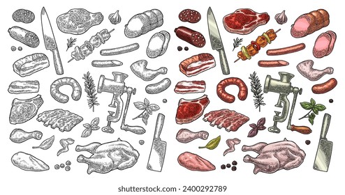 Set meat products and kitchen equipment. Brisket, sausage, meat grinder, steak, chicken leg, knife, ribs, basil, thyme. Vintage color vector engraving illustration. Isolated on white background.