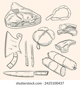 Set of meat products and kitchen equipment. Brisket, sausage, meat grinder, steak, pork leg, knife, ribs. Vintage black vector engraving illustration. Isolated on white background.