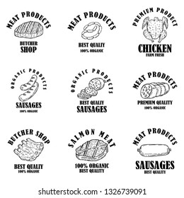 Set of meat products labels. Design element for poster, logo, emblems, sign. Vector illustration