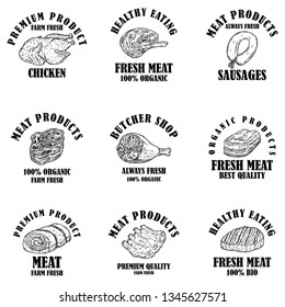 Set of meat products labels. Design element for poster, logo, emblems, sign. Vector illustration