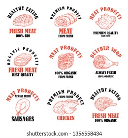 Set of meat products labels. Design element for poster, logo, emblems, sign. Vector illustration