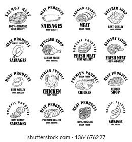 Set of meat products labels. Design element for poster, logo, emblems, sign. Vector illustration