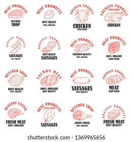 Set of meat products labels. Design element for poster, logo, emblems, sign. Vector illustration