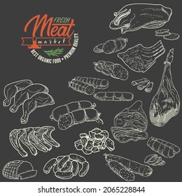 A set of meat products on a blackboard with chalk. Sausages, ham, bacon, lard, salami in sketch style.