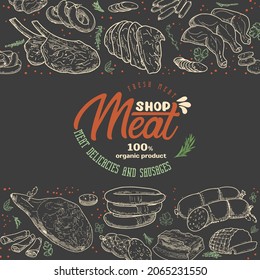 A set of meat products on a blackboard with chalk. Sausages, ham, bacon, lard, salami in sketch style.