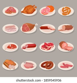 Conjunto de productos cárnicos en un plato. Pollo asado y costilla de primo, salchicha, salami y jamón, sirlon, bacon, sucuk y carne ahumada, pavo y bistec de hueso. Ilustración vectorial.