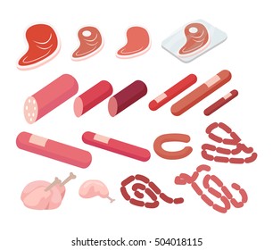 Set of meat products on white in vector. Different types of meat in cartoon style. Doodle sketches of sausages, wurst, ham and bacon. Butcher shop concept. Cow and pork, pig, chicken, lamb, beef.