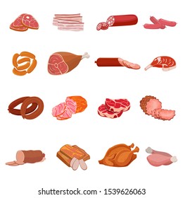 Conjunto de productos cárnicos. Pollo asado y costilla de primo, salami y jamón, sirlon, bacon, sucuk y carne ahumada, pavo y filete de hueso. Ilustración vectorial.