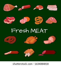 Set of meat products. Roast chicken and prime rib, sausage, salami and ham, sirlon, bacon, sucuk and smoked meat, turkey and t-bone steak. Vector illustration.