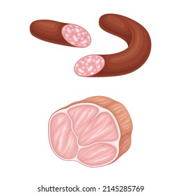 Set of meat products. Sausage and bacon, butchery meat shop assortment vector illustration