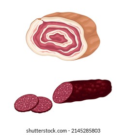 Set of meat products. Sausage and meatloaf, butchery shop assortment vector illustration