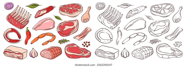 Set of meat products sausage, meat, steak, chicken leg, fillet, ribs, steak, bacon, ham and vegetable. Line art flat design of pieces of meat. Isolated on white background.