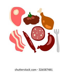 Set with meat products. Vector illustration