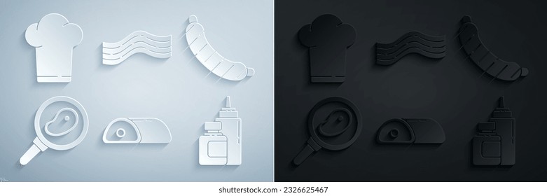 Set Meat, Sausage, Steak meat in frying pan, Sauce bottle, Bacon stripe and Chef hat icon. Vector