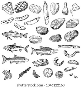 Set of meat, sausages and fish. Vector cartoon illustrations. Isolated objects on a white background. Hand-drawn style.