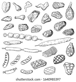 Set of meat and sausages. Raw and grilled food. Vector cartoon illustrations. Isolated objects on a white background. Hand-drawn style.