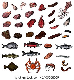 Set of meat, sausages and seafood. Vector cartoon illustrations. Isolated objects on a white background. Hand-drawn style.